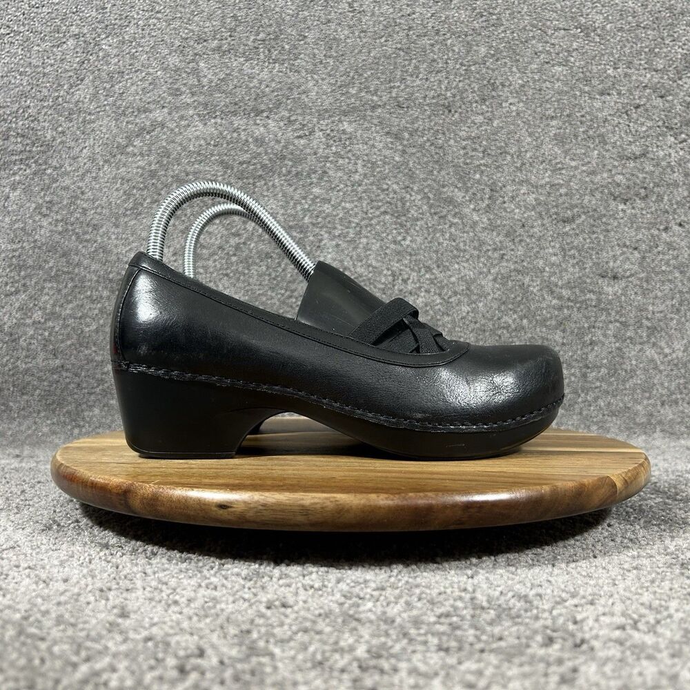 Dansko Tilda Womens Sz 38 Black Leather Criss Cross Elastic Heel Clog Shoes Used